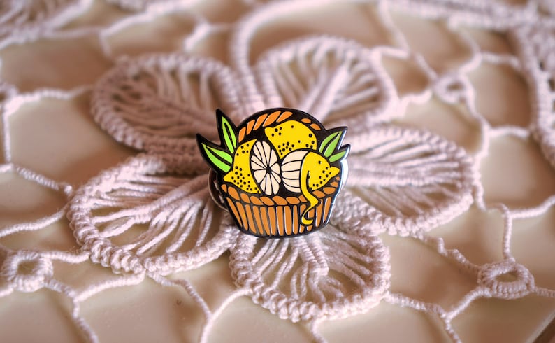 Enamel lapel pin Lemons Basket. Enamel fruits jewerly hard | Etsy