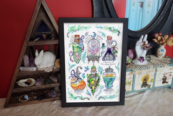 Original watercolor painting. Magic potions, witch bottles. Witch supply original art. Goth aesthetic wall decor. Green good Witch painting