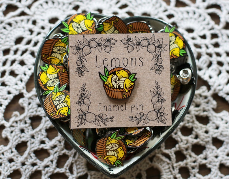 Enamel lapel pin Lemons Basket. Enamel fruits jewerly hard | Etsy