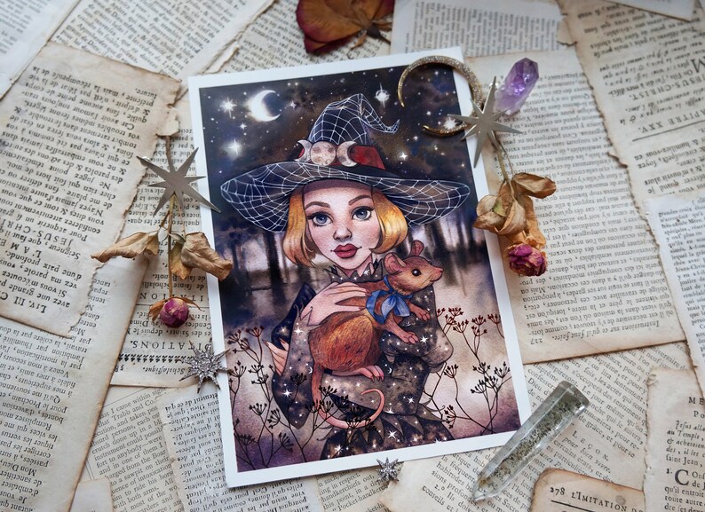Witch girl print. witches rat art. A5 small wall art print. image 0