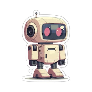 Może przedstawiać: Biały robot z czerwonymi oczami i czarną anteną. Robot ma prostokątne ciało z czarnym panelem z przodu. Robot stoi na białym tle.