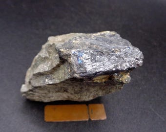 Può includere: Una roccia grigio scuro ruvida con una lucentezza metallica e sfumature blu. Il campione minerale ha una superficie irregolare e irregolare. Un piccolo cartellino rettangolare marrone in basso.