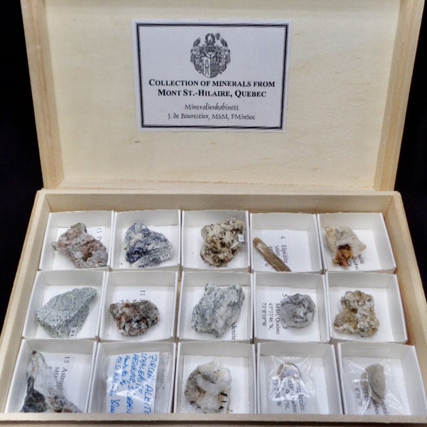 Deluxe collection set wood box of Mt St Hilaire minerals (Quebec, Canada) (MS-02-MSH)