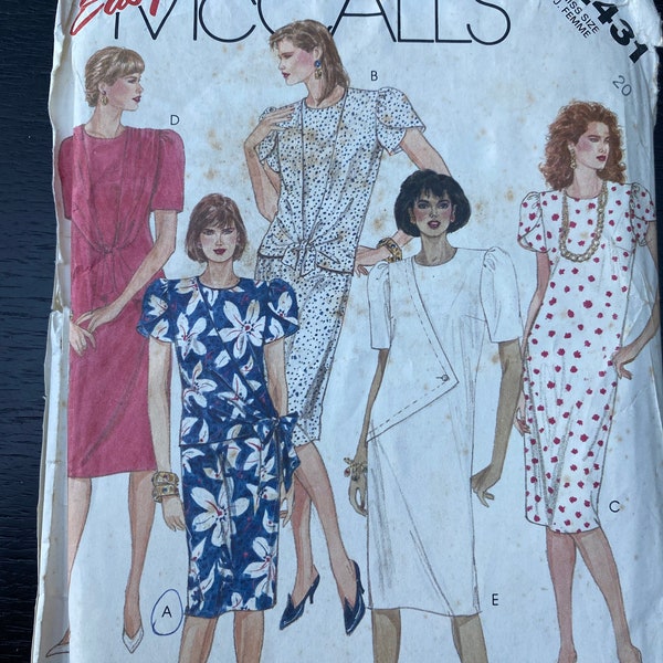 Vintage 1980s Straight Dress with Tulip sleeves Tie front drape font Asymmetric Dress by McCalls. Sewing Pattern 2431 Size 20