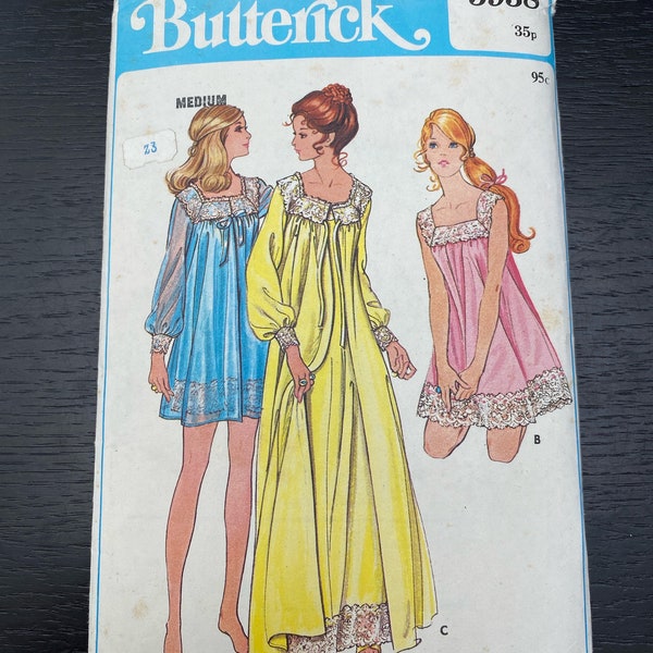 Vintage 1970s Nightgown Negligee Robe Nightdress Babydoll style Lace nightwear Butterick Sewing pattern 5938 Medium Size 12 -14 EU 38 40
