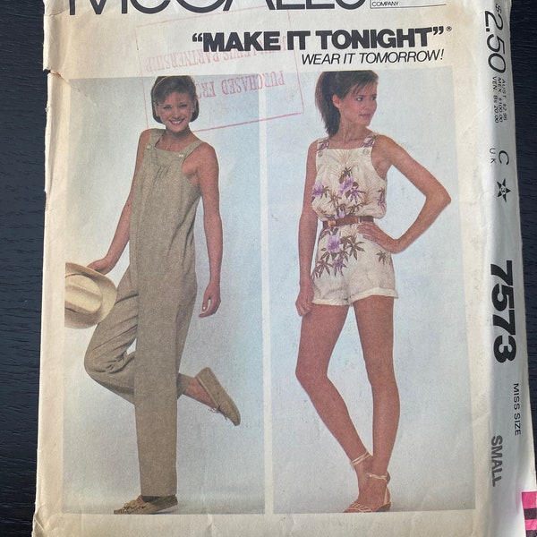 Vintage 1980s Jumpsuit Sewing Pattern. Short and long playsuit   Size 10 12  Small  Bust 34 EU 38