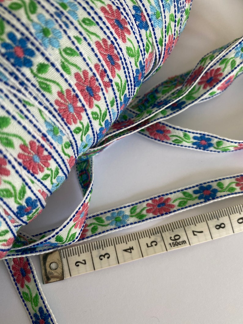 Daisy flower Ribbon pink and blue flowers  Vintage Style Woven Jaquard Ribbon.