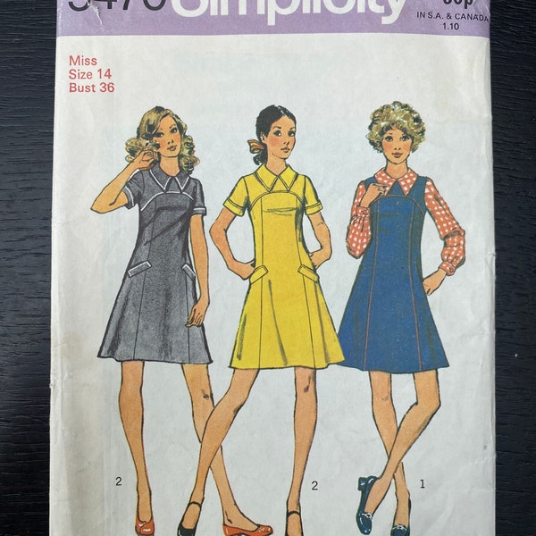 Vintage 1970s Simplicity  Mini Tunic Dress with contrast Collar & short and long sleeves   Size 14 EU 40 Bust 36 sewing pattern 5470