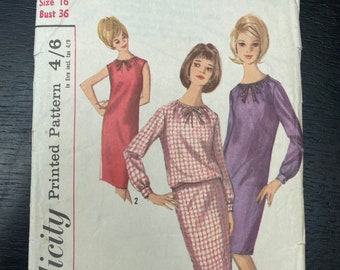 1960’s Vintage Simplicity Sewing Pattern 5529 Size 16 Bust 38 Sheath dress Pullover with Gathered neckline Dress Tea dress Retro 60s style