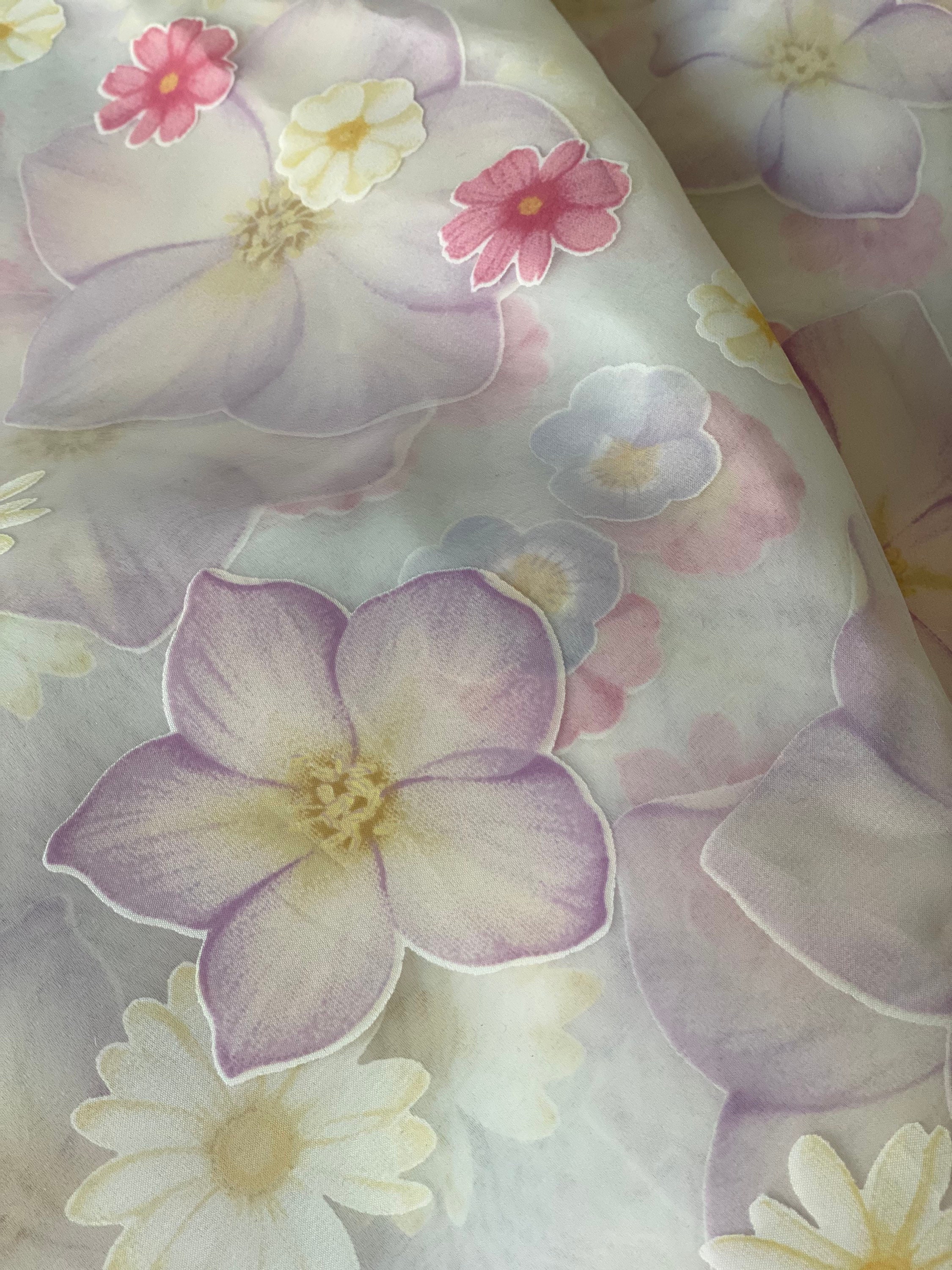 Floral Hand Painted With Foil Work On Light Lavender Organza Fabric