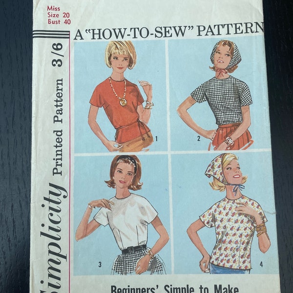 1960’s Vintage Simplicity Sewing Pattern 5056 Size 20 Bust 40  Simple  Pullover Top  Blouse and Headscarf Retro 60s Mod style