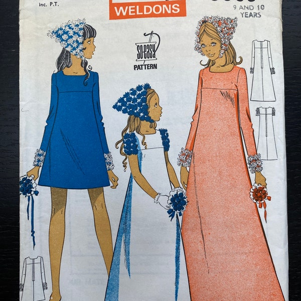 Vintage  Bridesmaid Dress & Head scarf Sewing Pattern by Le Roy 9060 Short Sleeved Long sleeved Party Dress for Girls Age 9 and 10