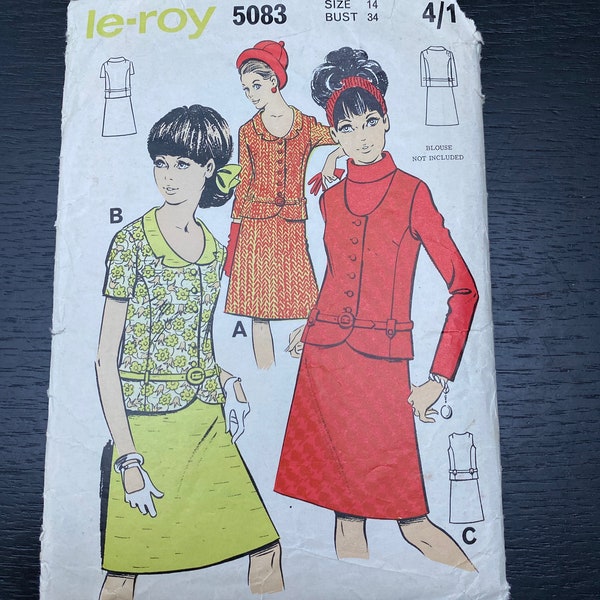 Vintage 60s Retro Mod womens suit Chanel style Sewing pattern Le Roy 5083 Fitted Jacket Peter Pan Collar Flared skirt size 14 bust 34