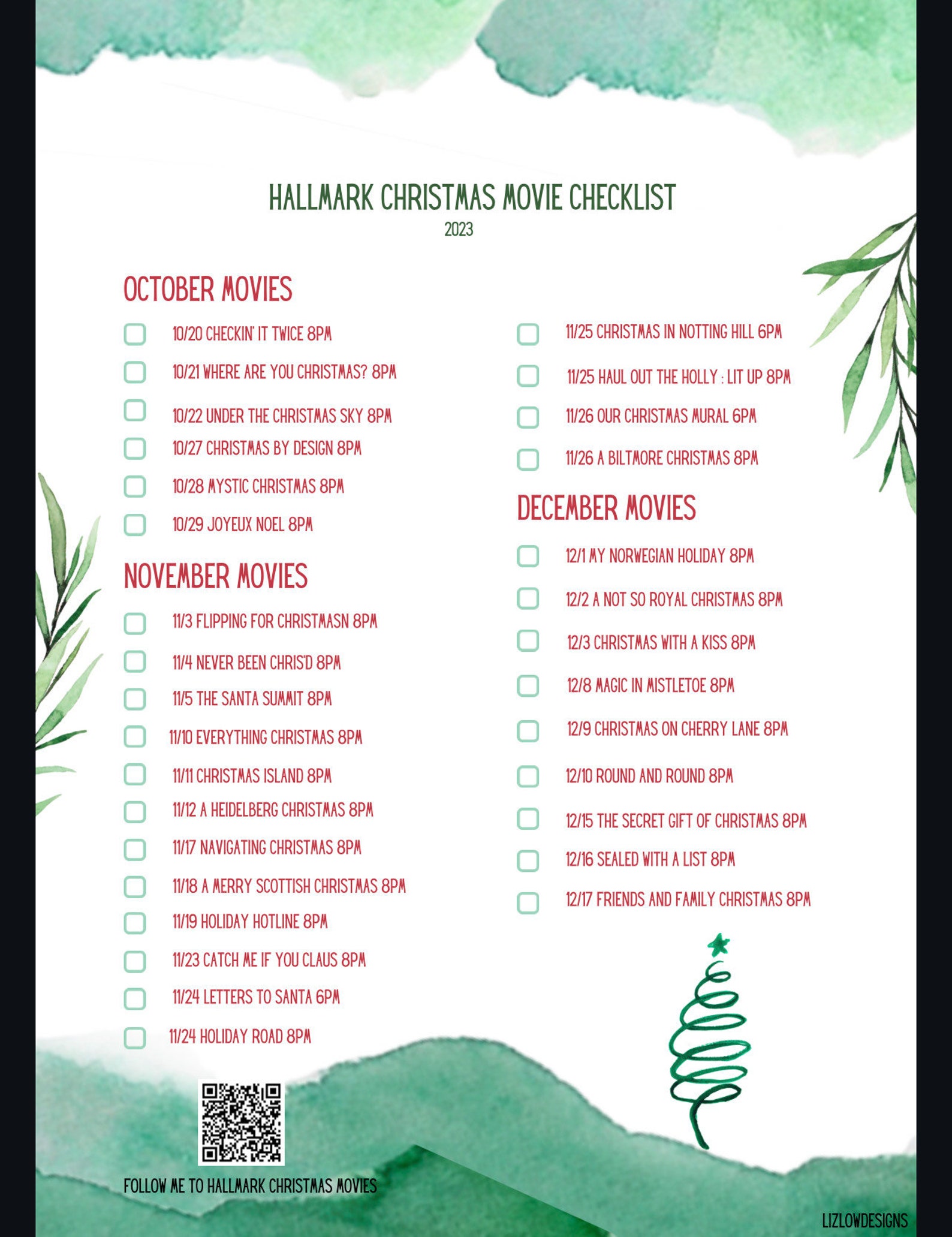 Hallmark Christmas Movie Checklist 2023 Etsy