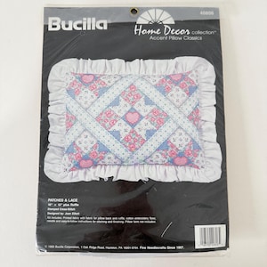 Vintage Bucilla Stamped Cross Stitch Pillow Kit - Patches & Lace - Ruffle Edge Cottage Core Style