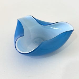 May include: A decorative glass bowl in shades of blue. The bowl has a unique, organic shape with a light blue interior and a darker blue exterior. The rim is outlined in white, adding contrast to the design.