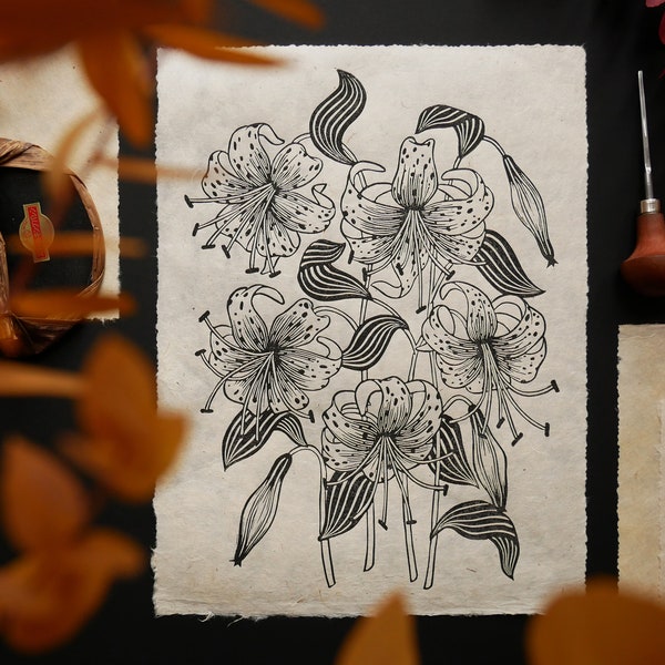 Tiger lily - Linocut print - Lokta paper