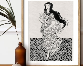 Primavera - Estudio de Botticelli - Linograbado de edición limitada - Ilustración botánica poética - Arte mural sobre papel lokta nepalí