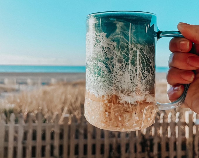 Beach Inspired Glass Coffee Mug with Real Sand | Coastal Iced Latte Cup | Ocean Lover Gift | Beach House Decor | Functional Art