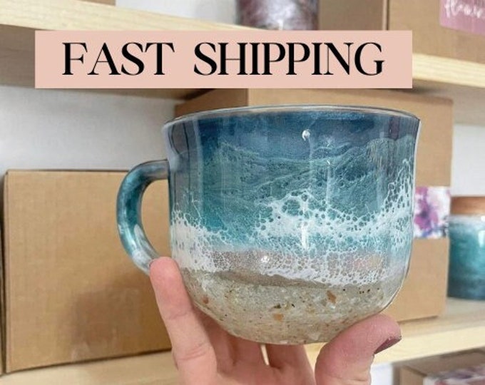 Beach Inspired Coffee Mug, Hand poured Resin Art, Cocktail Glass, Wine Glass Personalized, glass coffee mug, glassware, stemless wine glass