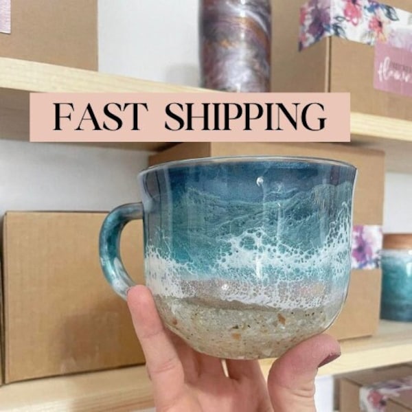 Beach Inspired Coffee Mug, Hand poured Resin Art, Cocktail Glass, Wine Glass Personalized, glass coffee mug, glassware, stemless wine glass