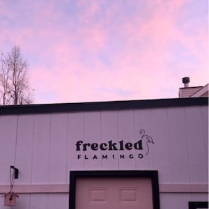 May include: A pink building with a black trim and a black sign that says "freckled flamingo" with a simple line drawing of a flamingo. The building has a pink door.