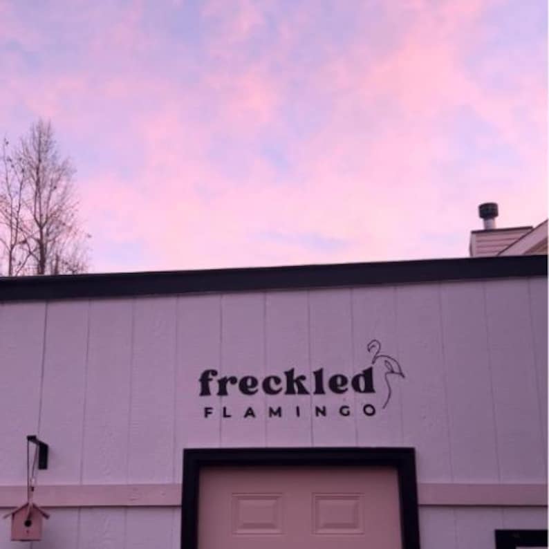 May include: A pink building with a black trim and a black sign that says "freckled flamingo" with a simple line drawing of a flamingo. The building has a pink door.