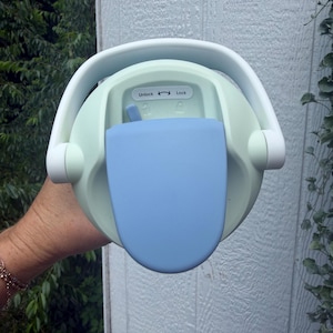 May include: A light green and white water bottle with a blue flip-top lid. The bottle has a white handle and the words "Unlock" and "Lock" are printed on the top. The bottle is held by a person.