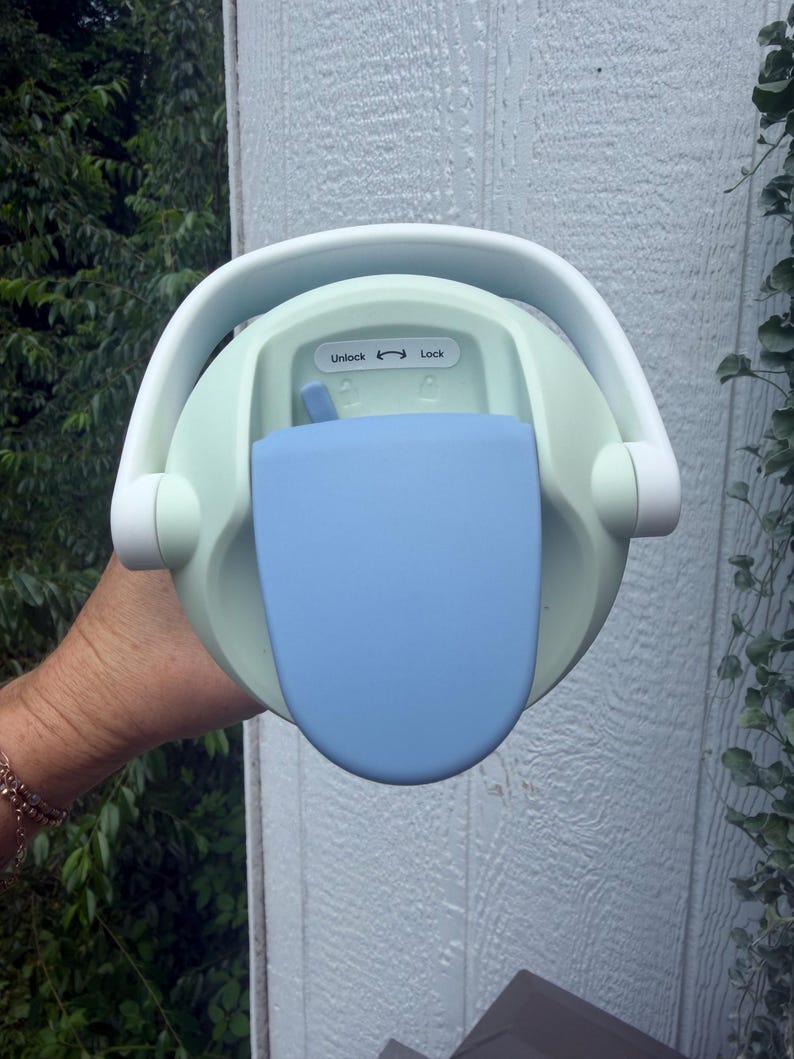 May include: A light green and white water bottle with a blue flip-top lid. The bottle has a white handle and the words "Unlock" and "Lock" are printed on the top. The bottle is held by a person.