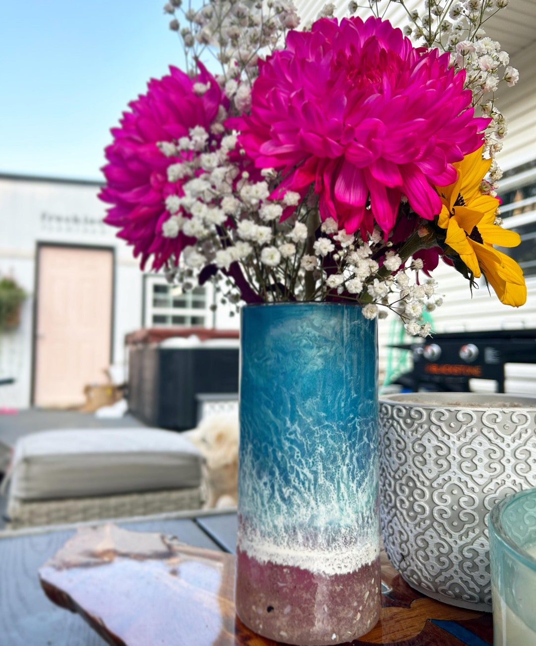 Flower Vase Beach Inspired, Made W/ Real Sand, Hand Poured Resin Art, Glassware, Centerpiece ...
