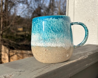 HUGE Beach Glass Coffee Mug 24 oz double walled | blue beach mug | Gift for Her | Ocean Lover Gift