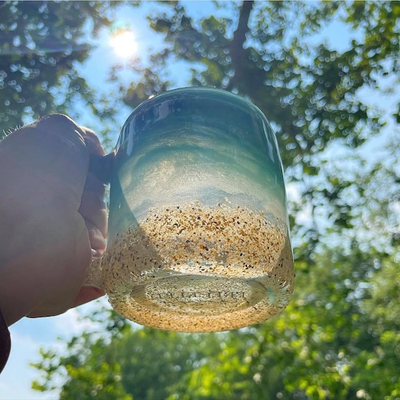 Beach Glass Coffee Mug with Real Sand | Coastal Iced Coffee Cup | Ocean Lover Gift | Beach House Decor | Functional Art