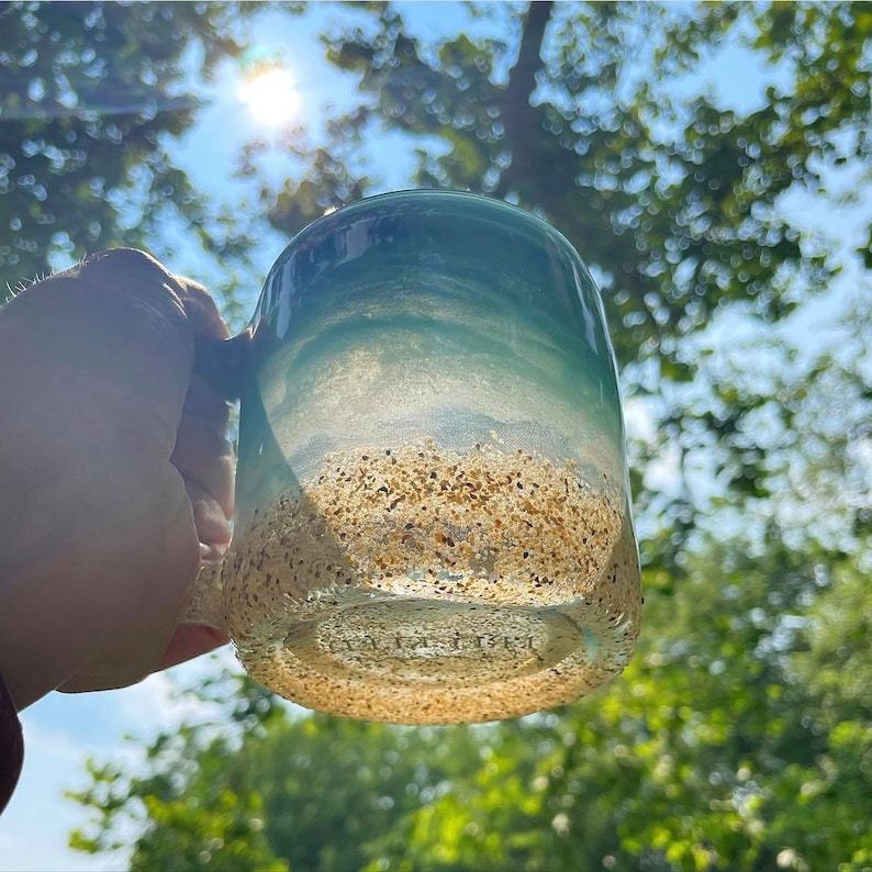 Beach Inspired Coffee Mug, Hand poured Resin Art, Cocktail Glass, Wine Glass Personalized, glass coffee mug, glassware, stemless wine glass image 3