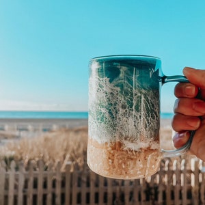 BLUE WAVES Beach Inspired Coffee Mug, Hand poured Resin Art, beach mug, glass coffee mug, glassware, stemless glass cup, beachy coffee cup imagem 5