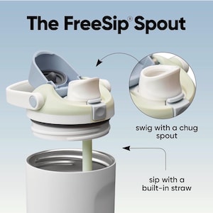 May include: A white insulated water bottle with a light green and blue lid. The lid has a built-in straw and a chug spout. The text "The FreeSip Spout" is at the top of the image. The image also shows the words "swig with a chug spout" and "sip with a built-in straw".