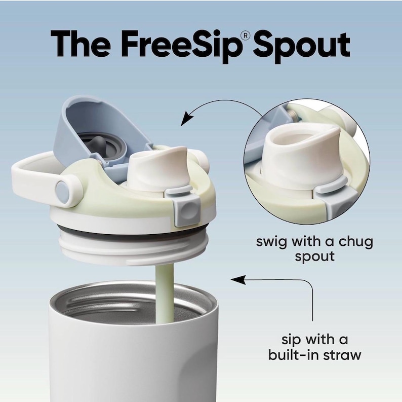 May include: A white insulated water bottle with a light green and blue lid. The lid has a built-in straw and a chug spout. The text "The FreeSip Spout" is at the top of the image. The image also shows the words "swig with a chug spout" and "sip with a built-in straw".