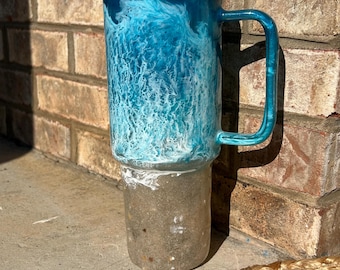 Blue Beach Ocean Tumbler: 40 oz Glass Water Bottle with Straw & Lid