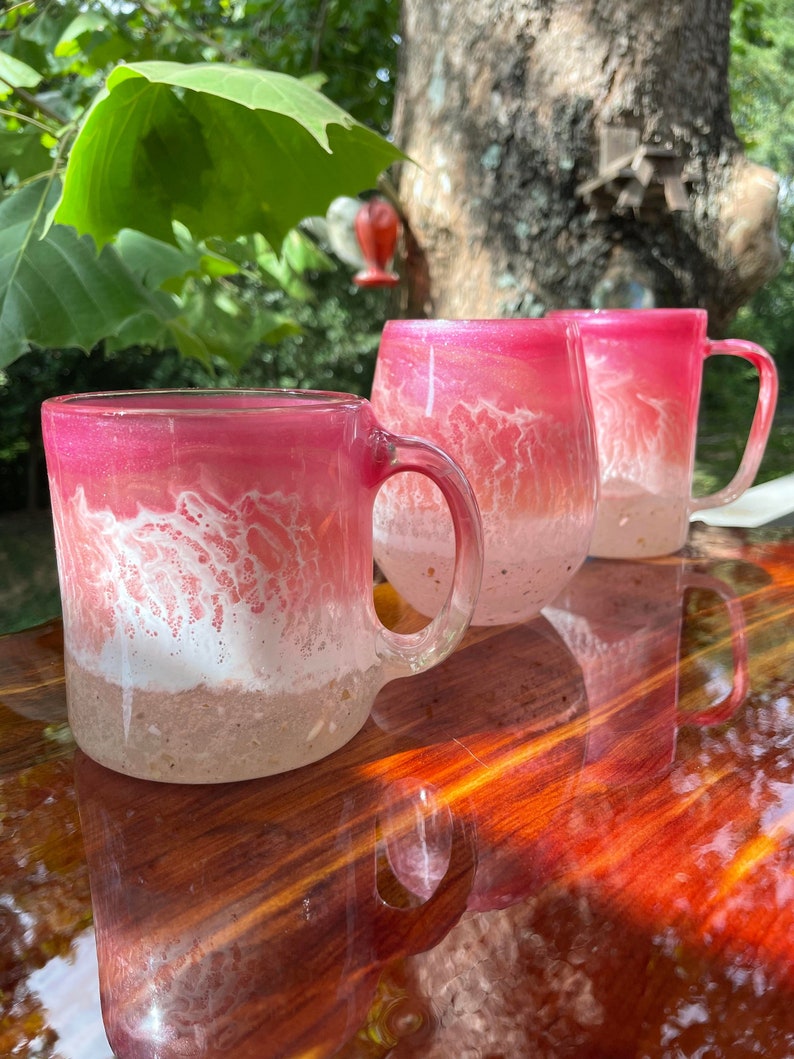 PINK/ORANGE Beach Inspired Coffee Mug Hand poured Resin Art Wine Glass Personalized glass coffee mug glassware stemless glass image 1