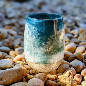 BLUE WAVES Beach Inspired Coffee Mug, Hand poured Resin Art, beach mug, glass coffee mug, glassware, stemless glass cup, beachy coffee cup image 1