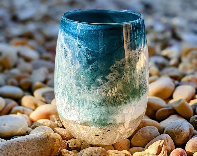 BLUE WAVES Beach Inspired Coffee Mug, Hand poured Resin Art, beach mug, glass coffee mug, glassware, stemless glass cup, beachy coffee cup