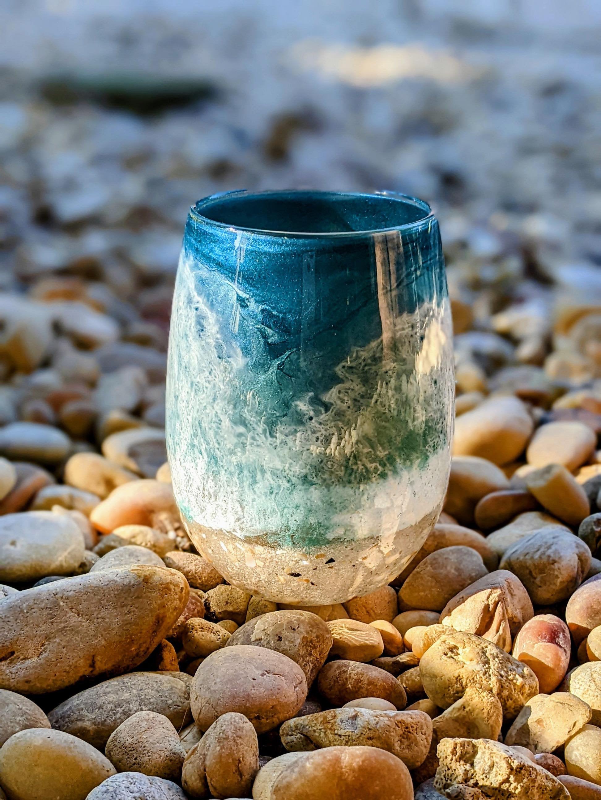 Blue Beach Inspired Coffee Mug, Hand poured Resin Art, beach mug, glass coffee mug, glassware, stemless glass cup, beach coffee cup, Coastal