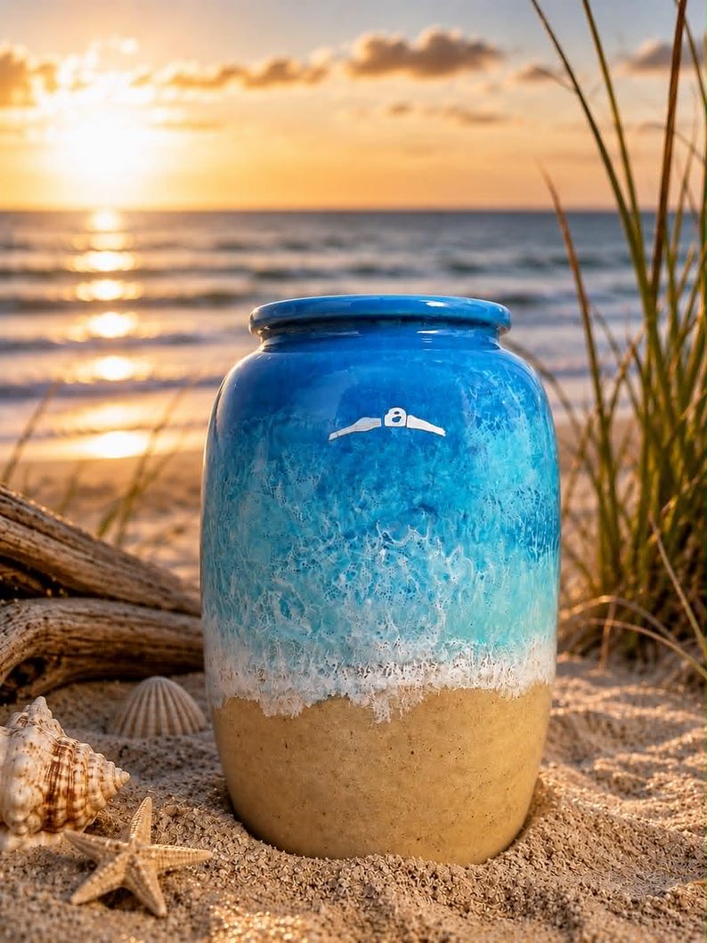 May include: A cylindrical ceramic urn featuring a gradient design that transitions from a deep blue top to a lighter turquoise middle, ending in a textured sandy beige base with white foam detailing and a small white lighthouse icon centered.