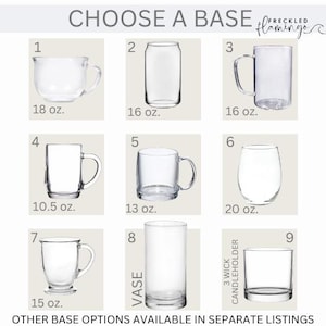 Peut inclure: Neuf bases en verre diff&eacute;rentes pour des bougeoirs, des vases ou d'autres objets d&eacute;coratifs. Les bases sont pr&eacute;sent&eacute;es dans diff&eacute;rentes formes et tailles, allant de 10,5 &agrave; 20 onces.