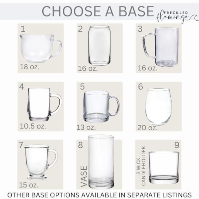 Peut inclure: Neuf bases en verre diff&eacute;rentes pour des bougeoirs, des vases ou d'autres objets d&eacute;coratifs. Les bases sont pr&eacute;sent&eacute;es dans diff&eacute;rentes formes et tailles, allant de 10,5 &agrave; 20 onces.