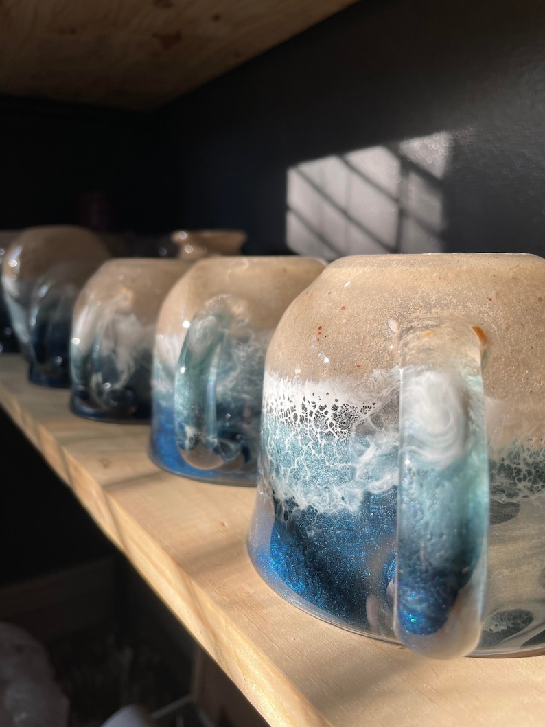 BLUE WAVES Beach Inspired Coffee Mug, Hand poured Resin Art, beach mug, glass coffee mug, glassware, stemless glass cup, beachy coffee cup image 2