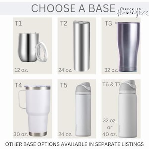 May include: A selection of different sizes and styles of stainless steel and white tumblers. The tumblers are labeled with the sizes 12 oz, 24 oz, 30 oz, 32 oz, and 40 oz. The tumblers are labeled with the letters T1, T2, T3, T4, T5, T6, and T7.