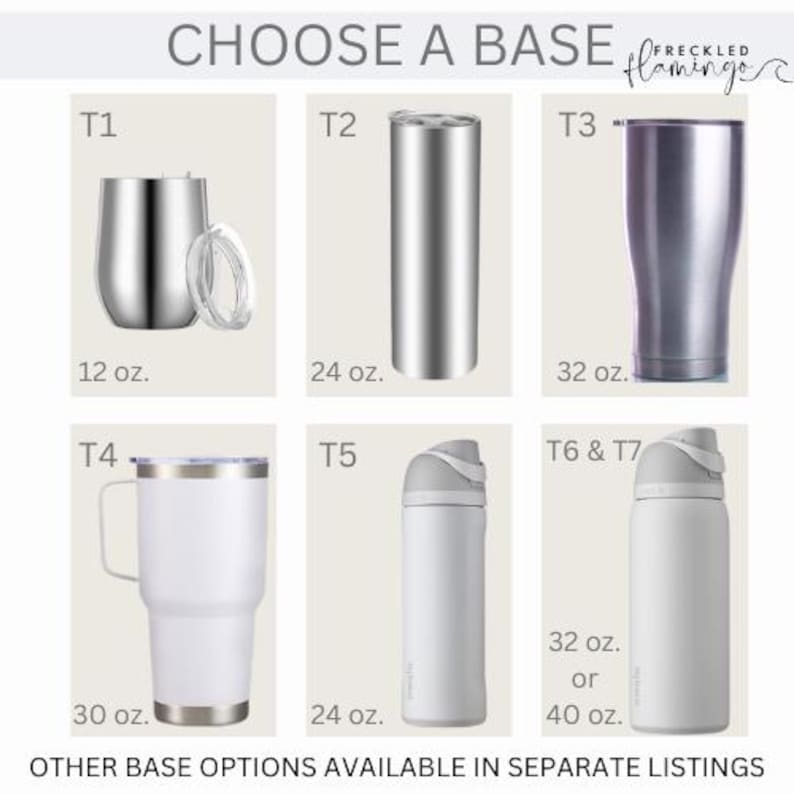 May include: A selection of different sizes and styles of stainless steel and white tumblers. The tumblers are labeled with the sizes 12 oz, 24 oz, 30 oz, 32 oz, and 40 oz. The tumblers are labeled with the letters T1, T2, T3, T4, T5, T6, and T7.