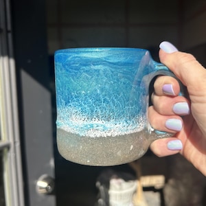 Handmade Beach Glassware- Coastal Ocean Waves, Beach Inspired Glass, Coastal theme decor, Ocean-themed coffee mugs, Made with Real Sand