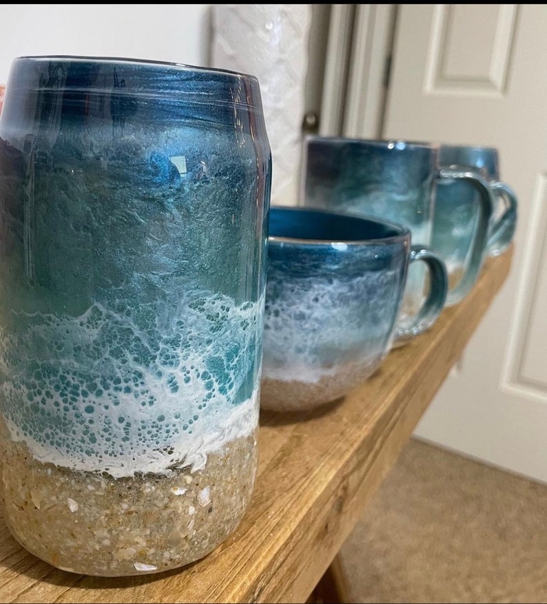 Beach Inspired Coffee Mug, Hand poured Resin Art, Cocktail Glass, Wine Glass Personalized, glass coffee mug, glassware, stemless wine glass image 7