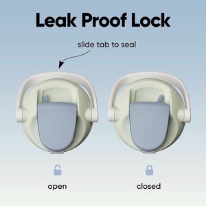 May include: Two light green and white water bottle lids with a blue slide tab. The text "Leak Proof Lock" is at the top, with "slide tab to seal" below. One lid is labeled "open" and the other "closed".